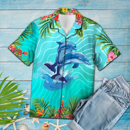 A Couple Of Dolphin Love Summer Vacation Themed Pattern Hawaiian Shirt HO1415