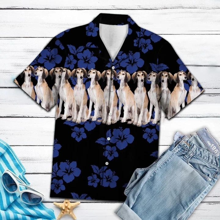 Saluki Dogs With Blue Hibiscus In Black Hawaiian Shirt HO1402