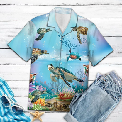 Happy Turtle Swimming Undersea Life Themed Hawaiian Shirt HO1395