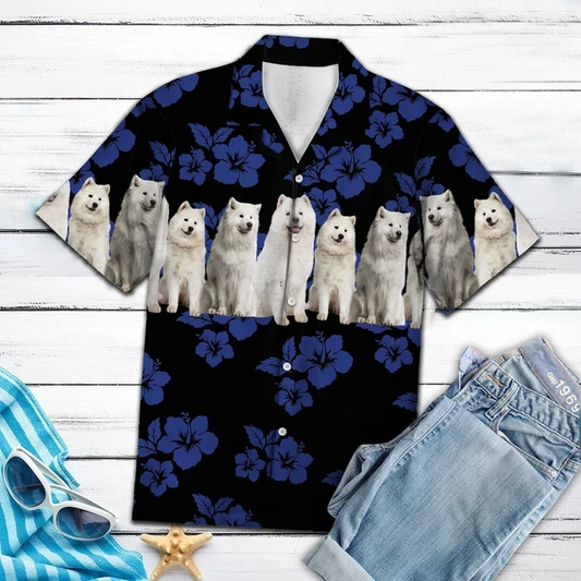 Cute Samoyed Dogs With Blue Hibiscus In Black Hawaiian Shirt HO1399