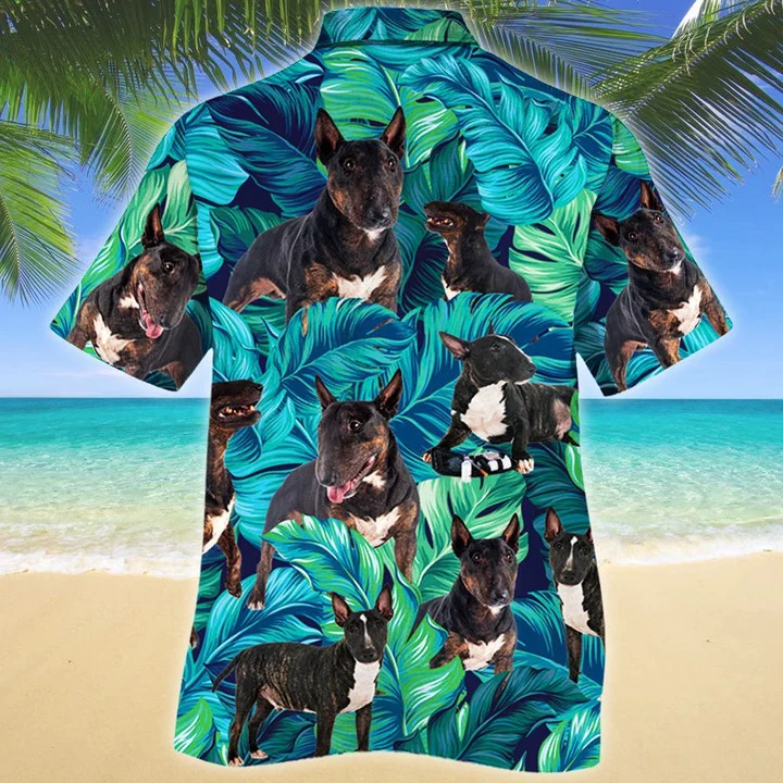 Bull Terrier Dog Lovers Blue And Green Tropical Leave Pattern Hawaiian Shirt HO1413