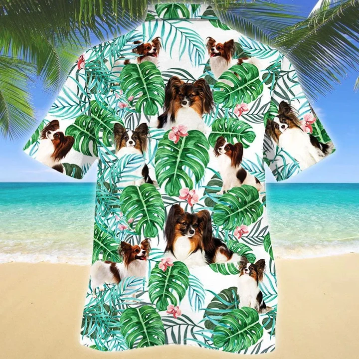 Papillon Dog Tropical Plant Monstera Leaves And Pink Flower Pattern Hawaiian Shirt HO1397