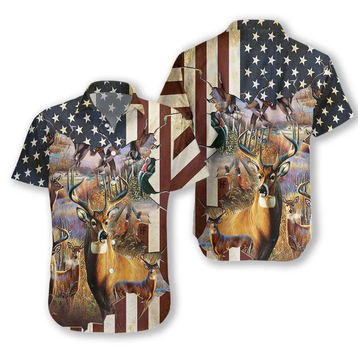 American Hunter Rustic US Flag Pattern Hawaiian Shirt HO1187