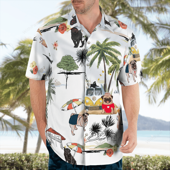 Pug On The Beach Unisex Hawaiian Shirt, Summer gift, Hawaiian Shirts for Men, Aloha Beach Shirt HO1032