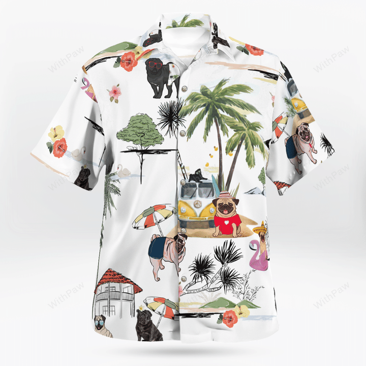 Pug On The Beach Unisex Hawaiian Shirt, Summer gift, Hawaiian Shirts for Men, Aloha Beach Shirt HO1032