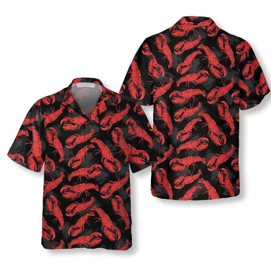 Tropical Lobster Hand Drawn Pattern Black Theme Hawaiian Shirt HO0770