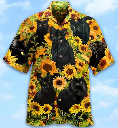 Black Cat Love Sunflower 3D All Over Printed Hawaiian Shirt HO0756