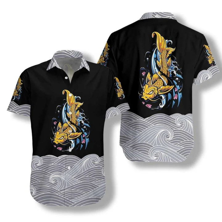 Royal Golden Koi Fish On Waves Hawaiian Shirt HO0740