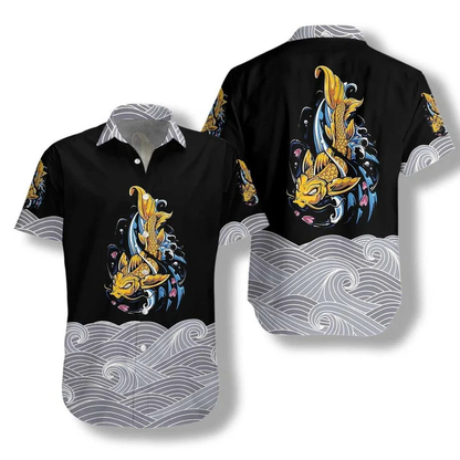 Royal Golden Koi Fish On Waves Hawaiian Shirt HO0740