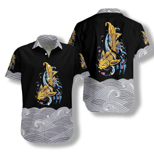 Royal Golden Koi Fish On Waves Hawaiian Shirt HO0740