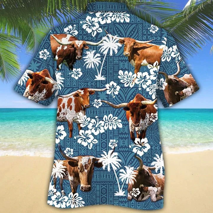 Tx Longhorn Cattle Lovers Blue Tribal Hawaiian Shirt, Cow Hawaiian shirts for men, Women HO0225