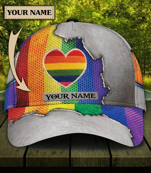 Custom Name Colorful Heart Pride Cap For Couple Gay Man, Be Strong Lgbt Printing Baseball Cap Hat CO0245
