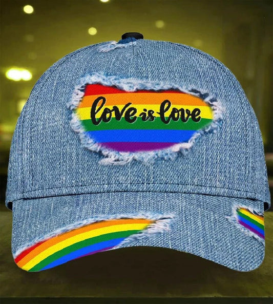 LGBT 3D All Over Printed Baseball Cap Hat Jean Pattern Love Is Love, Classic Cap For Couple Lesbian Gaymer CO0229