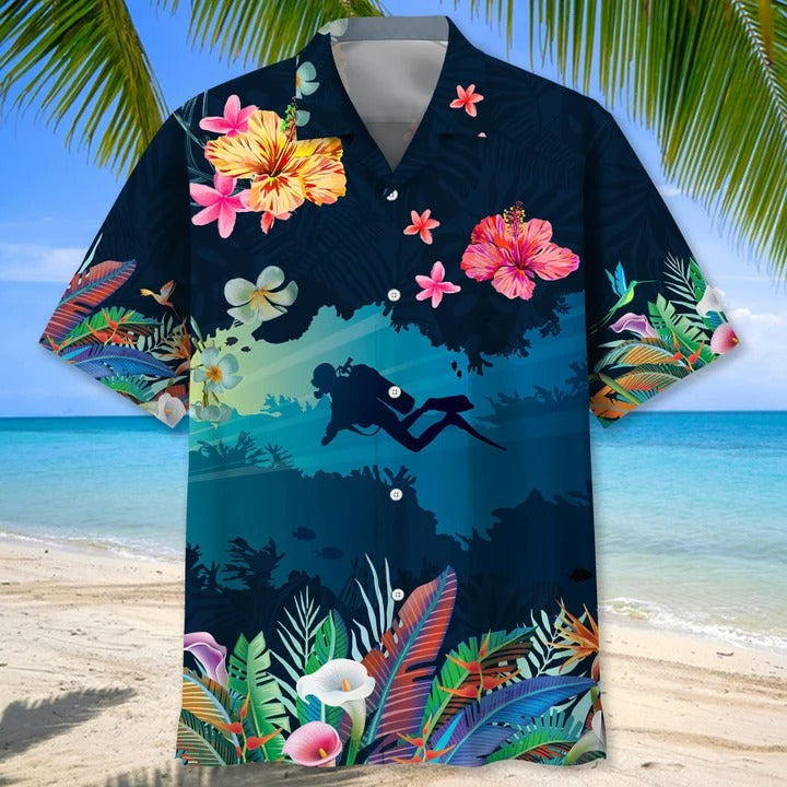 Scuba Diving USA Blue Tropical Hawaiian Shirts, Aloha Diving Beach Shirt, Beautiful Hawaiian Shirt For Summer HO0362