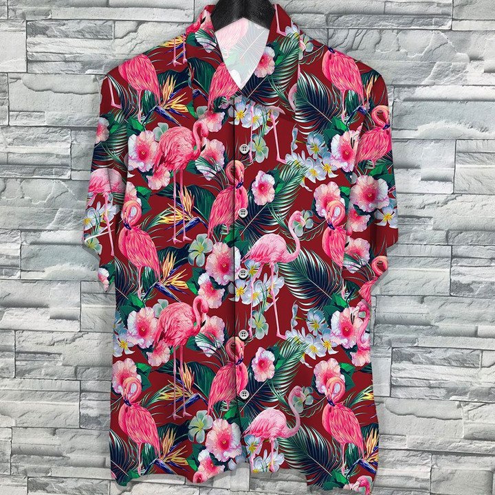Flamingo Rain Forest Jungle Red Palm Leaves Pattern Hawaiian Shirt HO2191