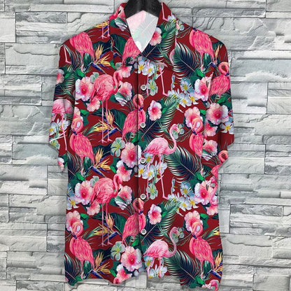 Flamingo Rain Forest Jungle Red Palm Leaves Pattern Hawaiian Shirt HO2191