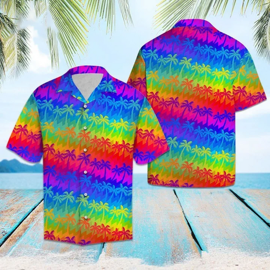 Beach Shirt Lgbt Rainbow Coconut Palm Hawaii Shirt , Rainbow Hawaiian Shirt HO4524