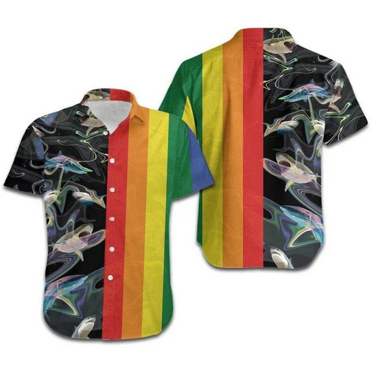 Beach Shirt Hawaii Shirt Lgbt Rainbow Sharks , Gay Pride Clothes, Gay Hawaiian Shirts HO4625