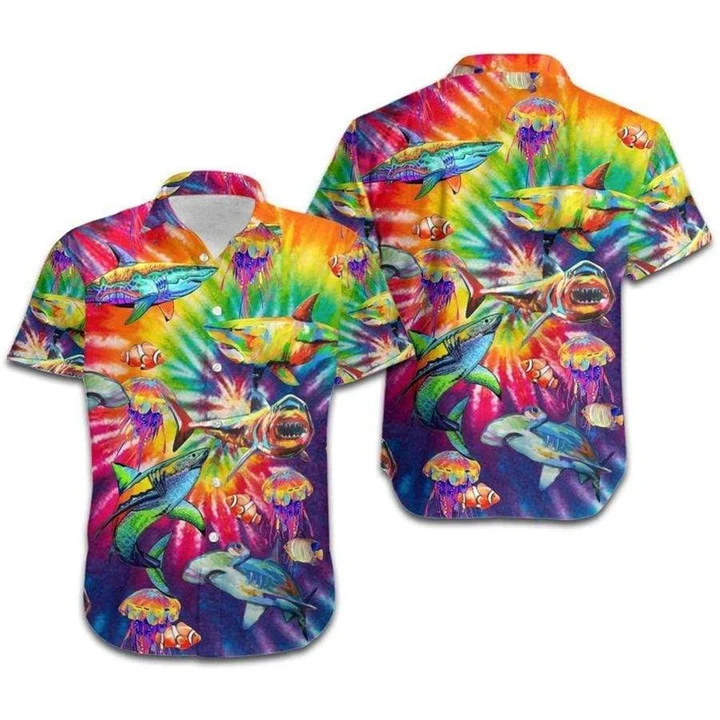 Beach Shirt Hawaii Shirt Lgbt Sharks Rainbow Tie Dye , Aloha Shirt, Hawaiian Shirt For Lesbian HO4601