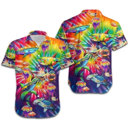 Beach Shirt Hawaii Shirt Lgbt Sharks Rainbow Tie Dye , Aloha Shirt, Hawaiian Shirt For Lesbian HO4601