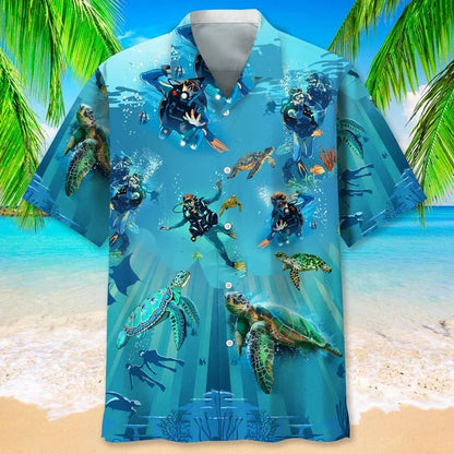 Scuba Diving Kelly Green Hawaiian Shirt, Aloha Summer Scuba Diving Shirts, Scuba Diving Turtle Hawaiian Shirt HO0360