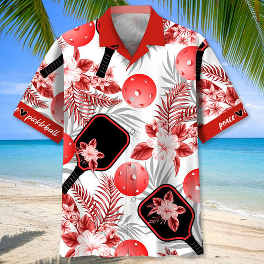 Pickleball Usa Red Tropical Hawaiian Shirt, Tropical Aloha Shirts Short Sleeve Beach Holiday Casual Shirts HO2985