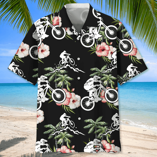 Mountain Bike Nature Flower Hawaiian Shirt, Men's Hawaiian Shirt Tropical Aloha Shirts Short Sleeve Beach Holiday Casual Shirts HO2982