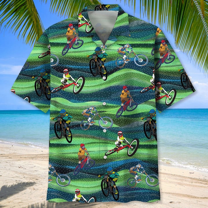 Mountain Bike Nature Flower Hawaiian Shirt, Men's Hawaiian Shirt Tropical Aloha Shirts Short Sleeve Beach Holiday Casual Shirts HO2982