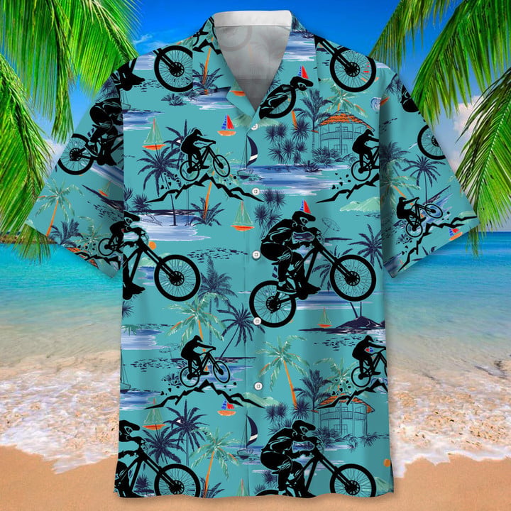 Mountain Bike Tropical Tree Hawaiian Shirt, Men's Unisex Summer Beach Casual Short Sleeve Summer Vacation Beach Shirts HO3408