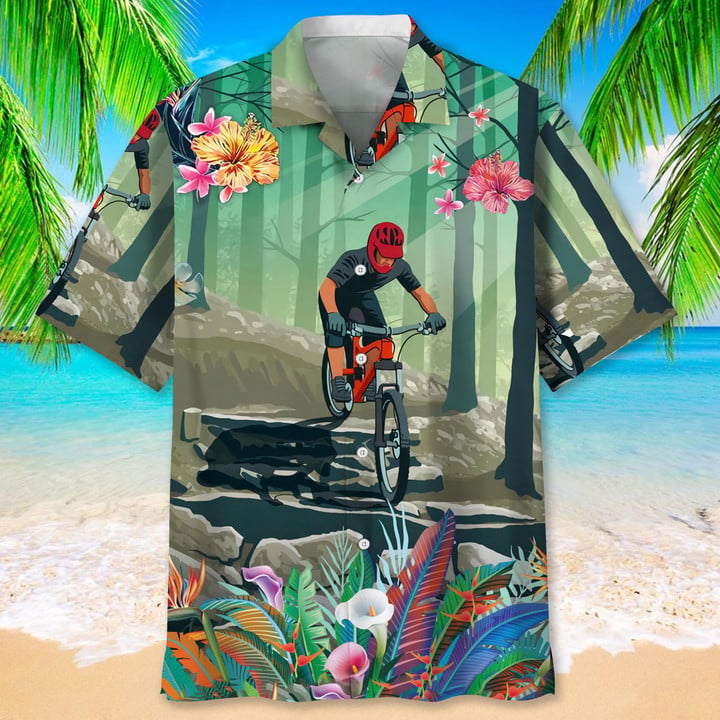 Mountain Bike Nature Flower Hawaiian Shirt, Men's Hawaiian Shirt Tropical Aloha Shirts Short Sleeve Beach Holiday Casual Shirts HO2982