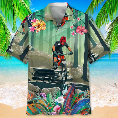 Mountain Bike Nature Flower Hawaiian Shirt, Men's Hawaiian Shirt Tropical Aloha Shirts Short Sleeve Beach Holiday Casual Shirts HO2982