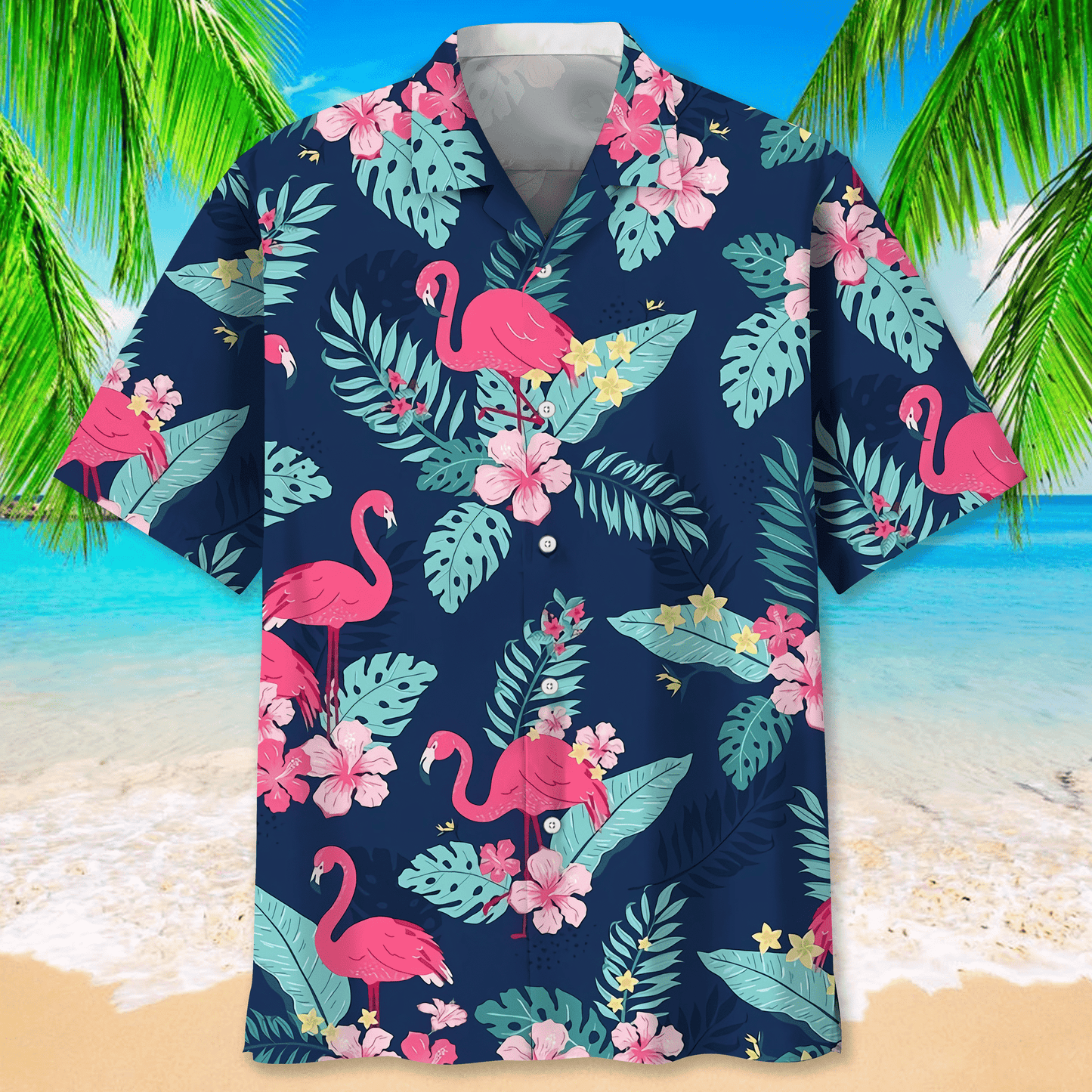 Flamingo Green Tropical Hawaiian Shirt, Aloha Shirts Short Sleeve Beach Holiday Casual Shirts HO2988