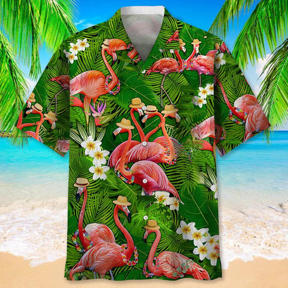 Flamingo Green Tropical Hawaiian Shirt, Aloha Shirts Short Sleeve Beach Holiday Casual Shirts HO2988
