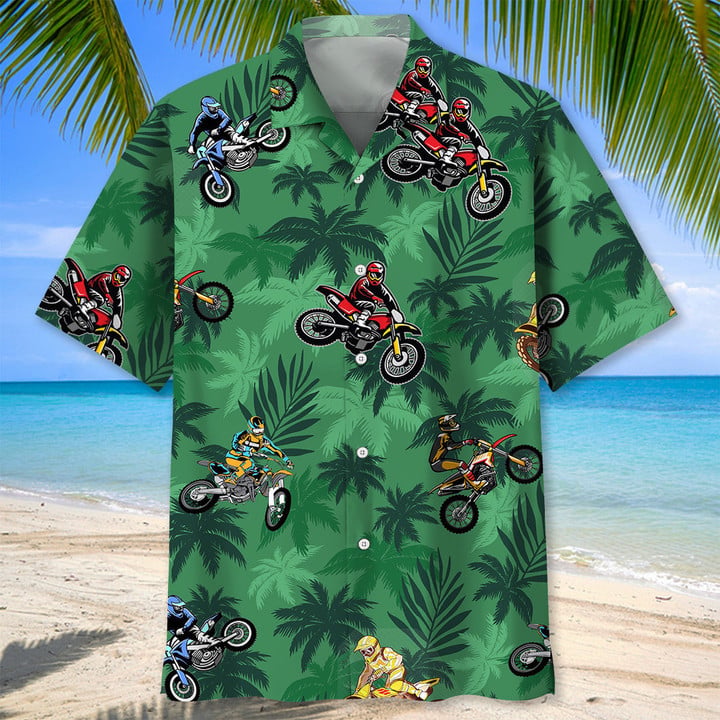 Motocross Green Tropical Hawaiian Shirt, Short Sleeve Summer Vacation Beach Shirts for men HO3405