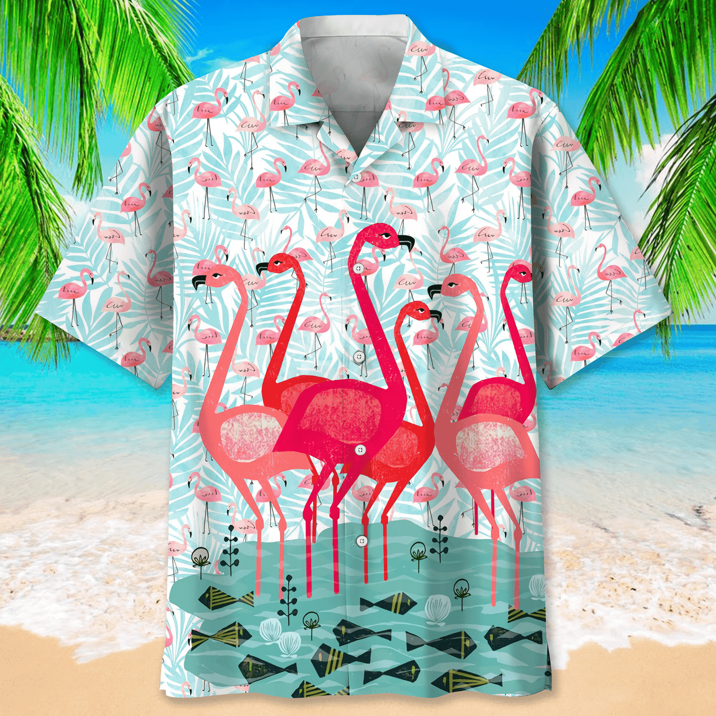 Flamingo Green Tropical Hawaiian Shirt, Aloha Shirts Short Sleeve Beach Holiday Casual Shirts HO2988