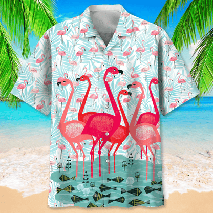 Flamingo Green Tropical Hawaiian Shirt, Aloha Shirts Short Sleeve Beach Holiday Casual Shirts HO2988