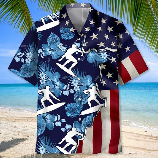 Surfing Tropical Us Flag Hawaiian Shirt, Short Sleeve Summer Vacation Beach Shirts for men HO3398