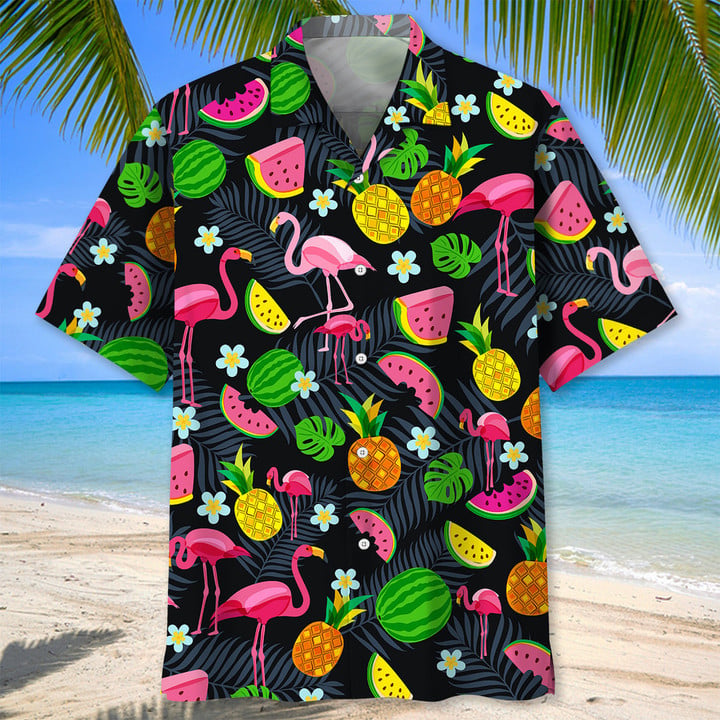 Flamingo Green Tropical Hawaiian Shirt, Aloha Shirts Short Sleeve Beach Holiday Casual Shirts HO2988