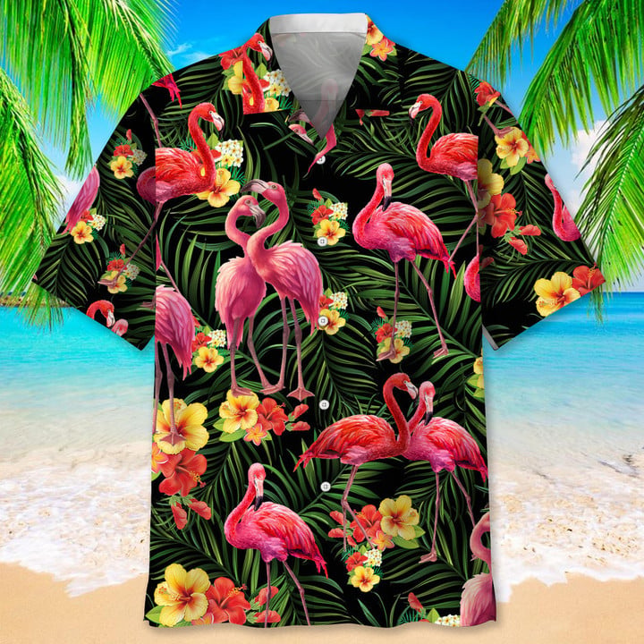 Flamingo Green Tropical Hawaiian Shirt, Aloha Shirts Short Sleeve Beach Holiday Casual Shirts HO2988