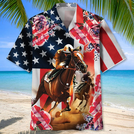 Horse Racing Rose American flag Hawaiian Shirt for Men and women HO2955