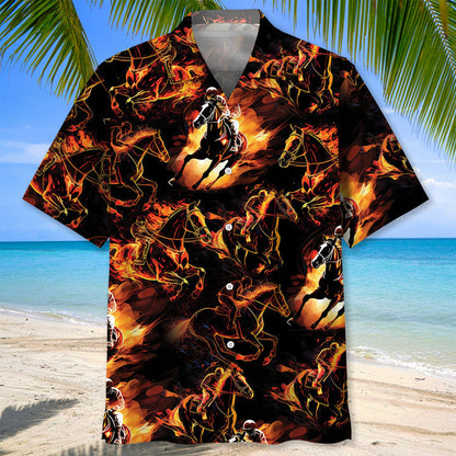 Horse Racing Fire Hawaiian Shirt, Men's Unisex Summer Beach Casual Short Sleeve Summer Vacation Beach Shirts HO3384