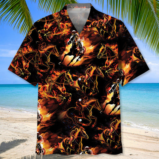 Horse Racing Fire Hawaiian Shirt, Men's Unisex Summer Beach Casual Short Sleeve Summer Vacation Beach Shirts HO3384