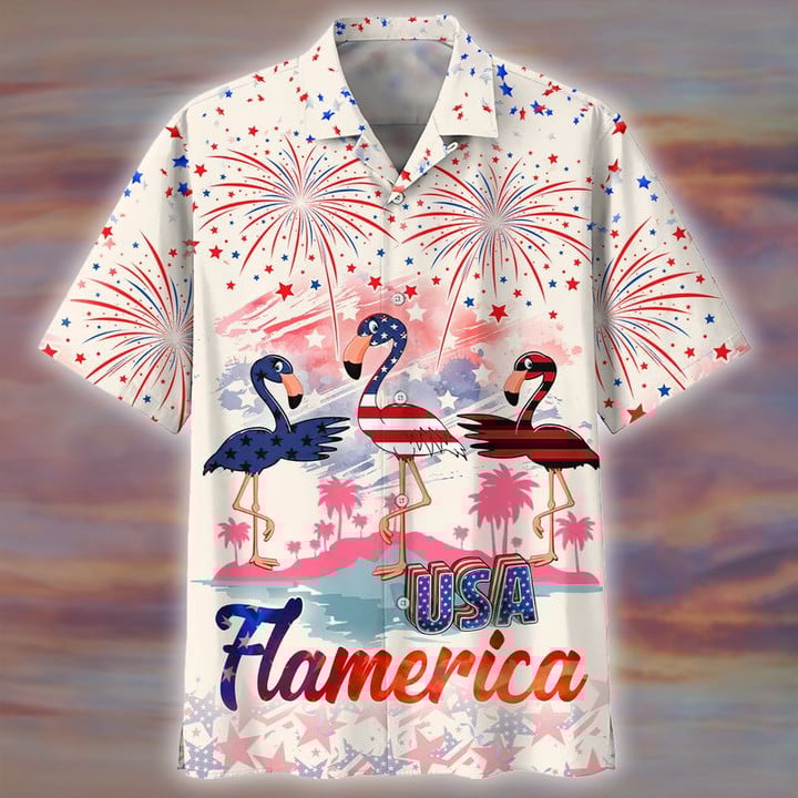 3D All Over Print Flamingo and Firework Pattern Independence Hawaiian Shirt HO3983