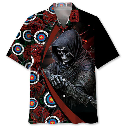 Archery Skull Rose Hawaiian Shirt, Archery team Hawaiian shirt for men, Gift for Archery player HO3000