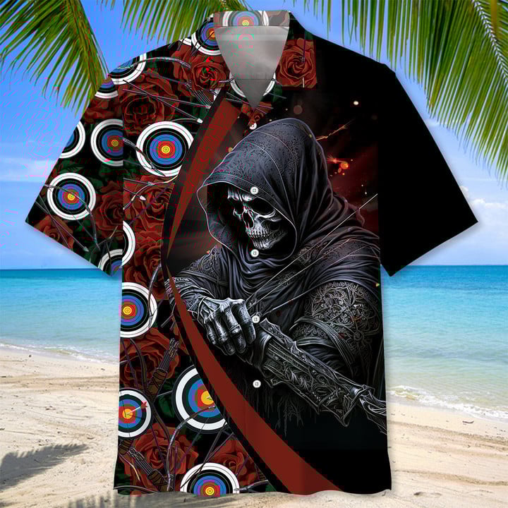 Archery Skull Rose Hawaiian Shirt, Archery team Hawaiian shirt for men, Gift for Archery player HO3000