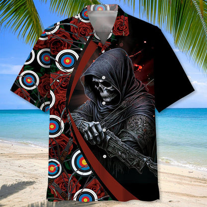 Archery Skull Rose Hawaiian Shirt, Archery team Hawaiian shirt for men, Gift for Archery player HO3000