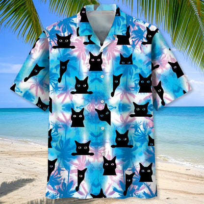Black Cat Tropical Hawaiian Shirt, Unisex Summer Beach Casual Short Sleeve Summer Vacation Beach Shirts HO3378