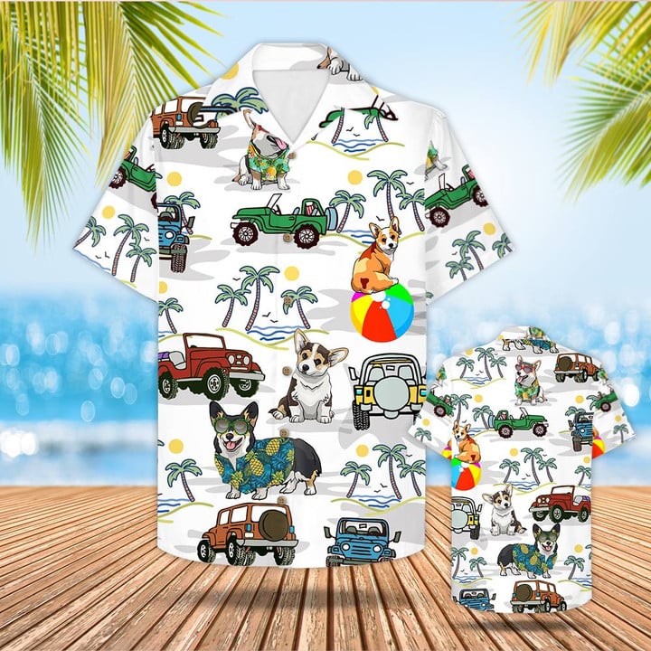 Corgi And Jeep Hawaiian Shirt Beach Shirt Gift For Corgi Mom Corgi Dad, Unisex Hawaiian Shirt HO3539
