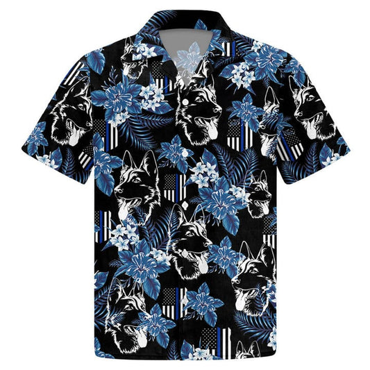 Thin Blue Line Hawaiian Shirt German Shepherd Police Seamless Pattern Hawaiian Shirt, Hawaiian Shirt For Men HO3560