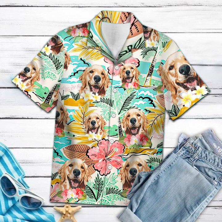 Personalized Golden Retriever Best Dog Dad Ever Tropical Pattern Hawaiian Shirt For Golden Retriever Lover HO3544